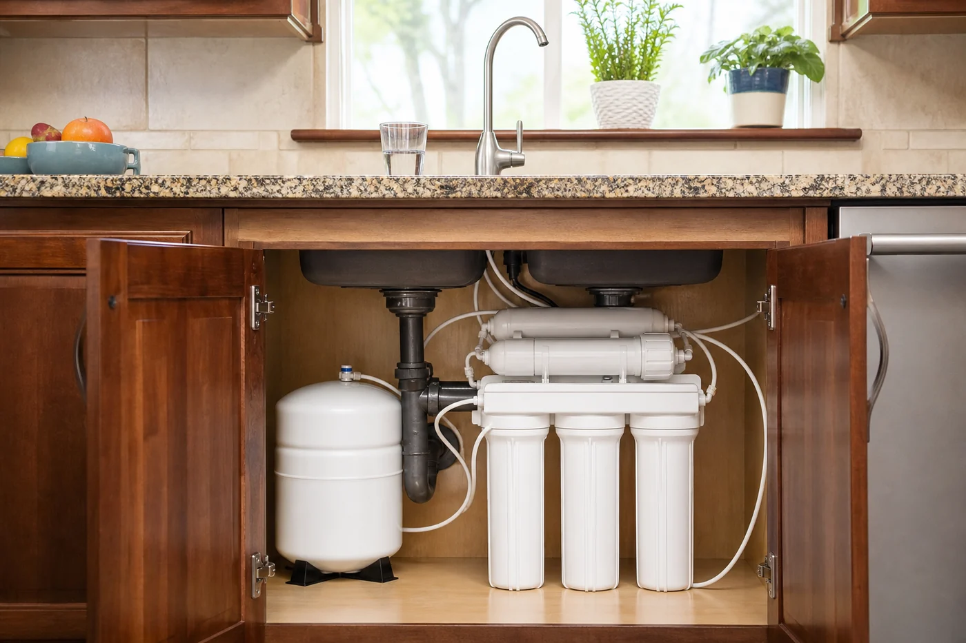 Five-stage reverse osmosis drinking water system installed under a kitchen sink with dedicated faucet