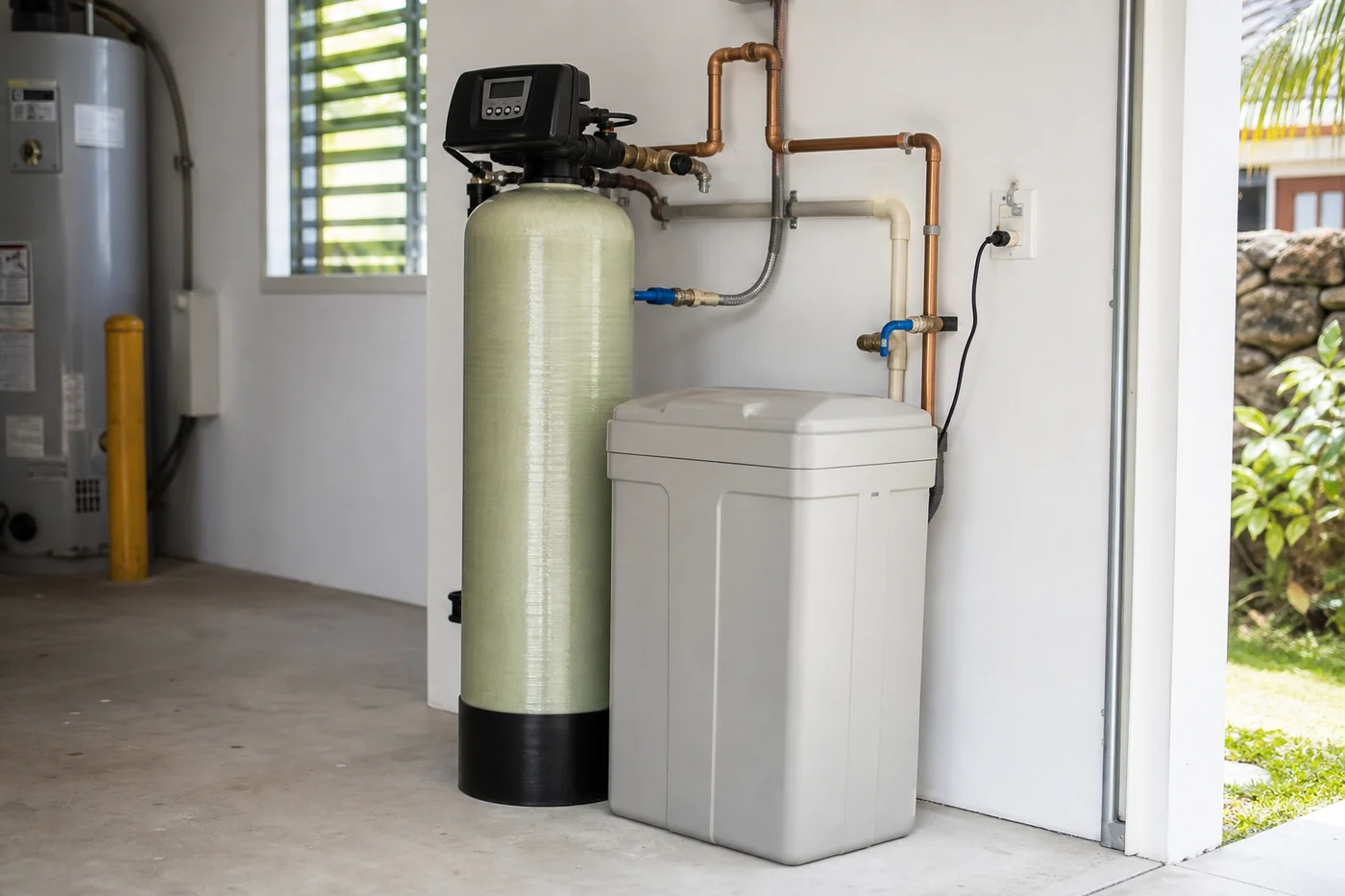 Water softener resin tank and brine tank installed beside a water heater in a Maui garage