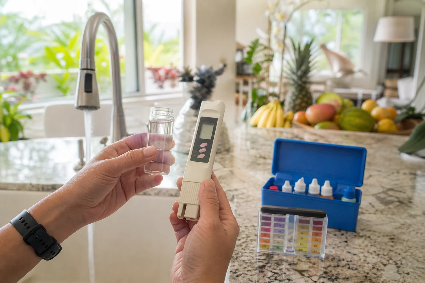 In-home water testing with a digital TDS meter and test kit at a Maui kitchen sink
