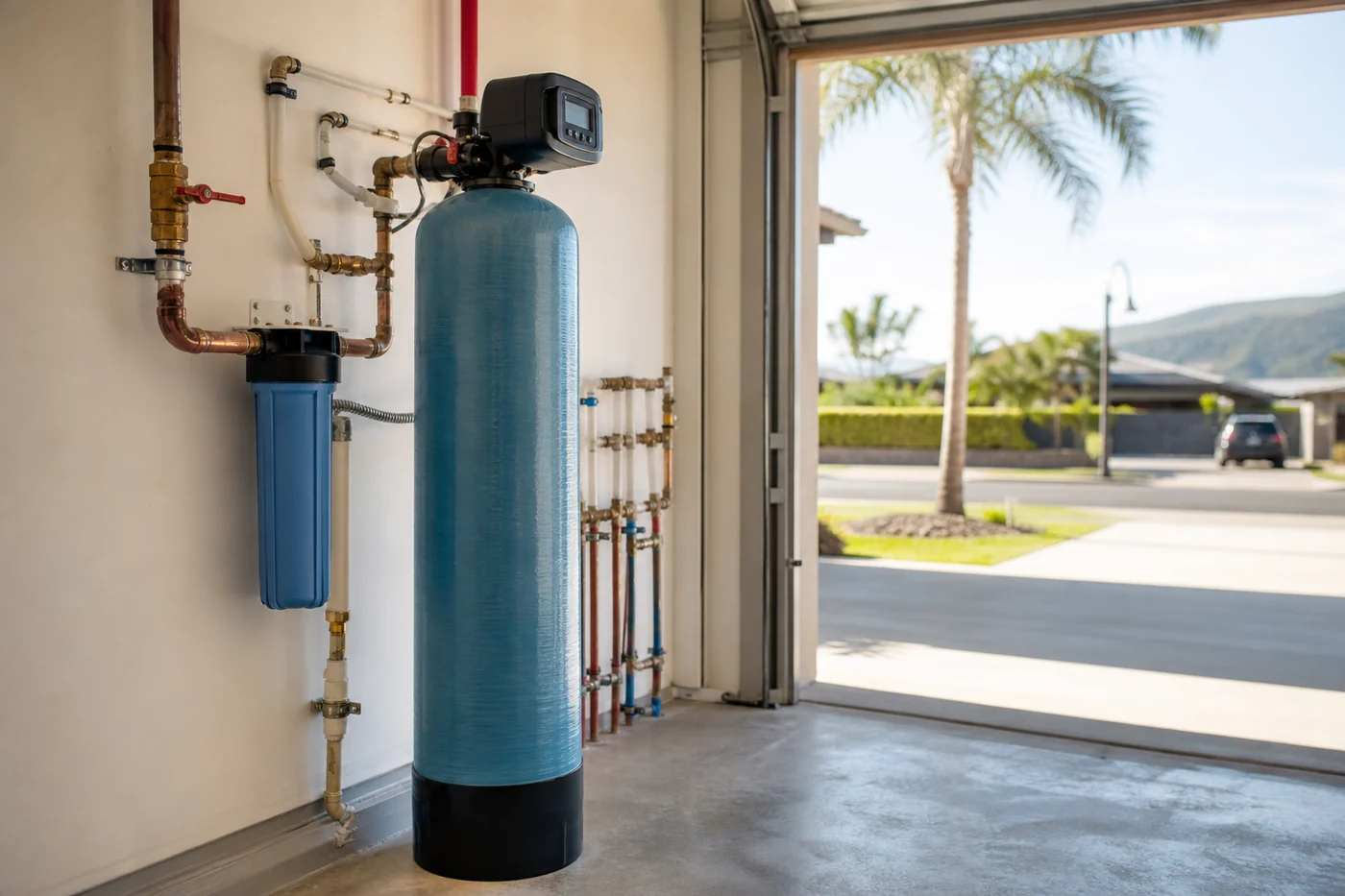 Whole-house carbon water filtration system with pre-filter installed in a Maui garage